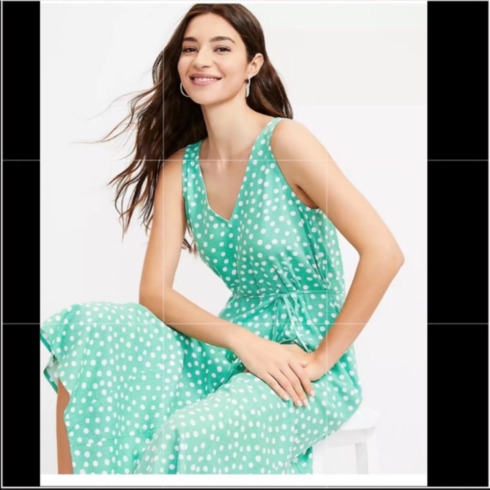 LOFT petites Green Polka Dot Sleeveless Maxi Dress Rayon/Linen Dress Size Large